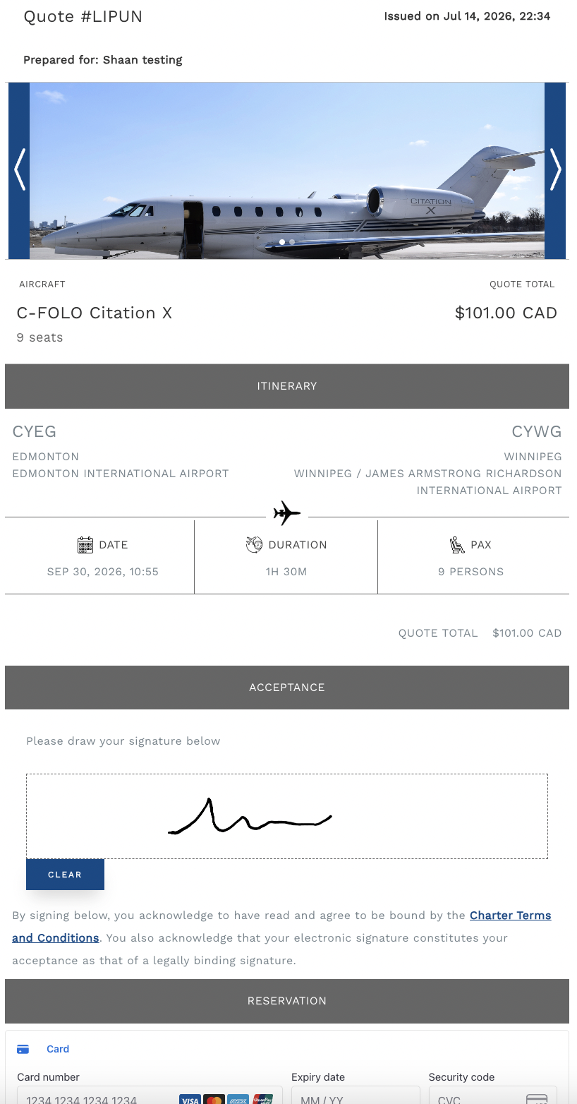 Reservation screen with flight itinerary, electronic signature pad, and payment card fields.