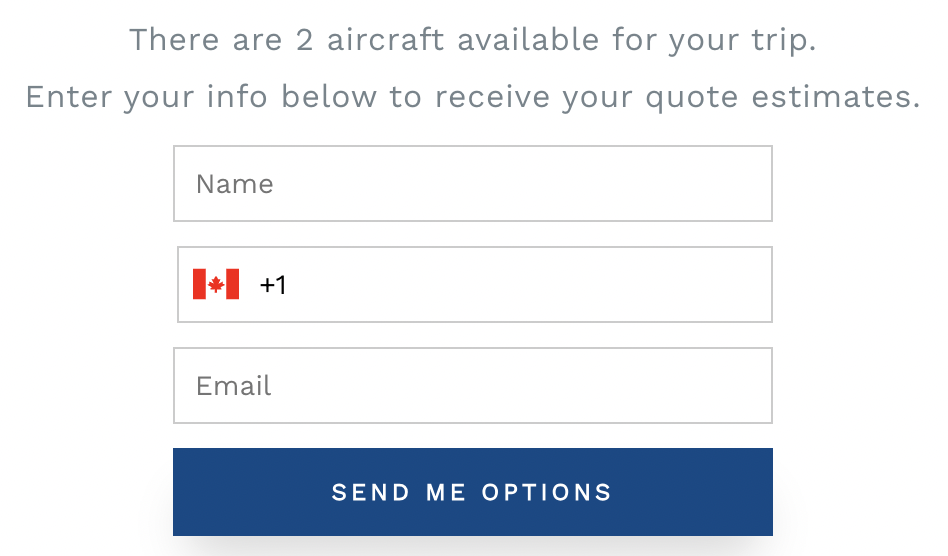 Lead capture form asking for name, phone number, and email before showing quote options.