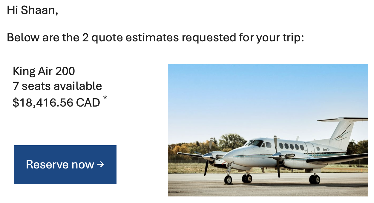 Quote email showing an available aircraft, seat count, and price with a reserve now button.