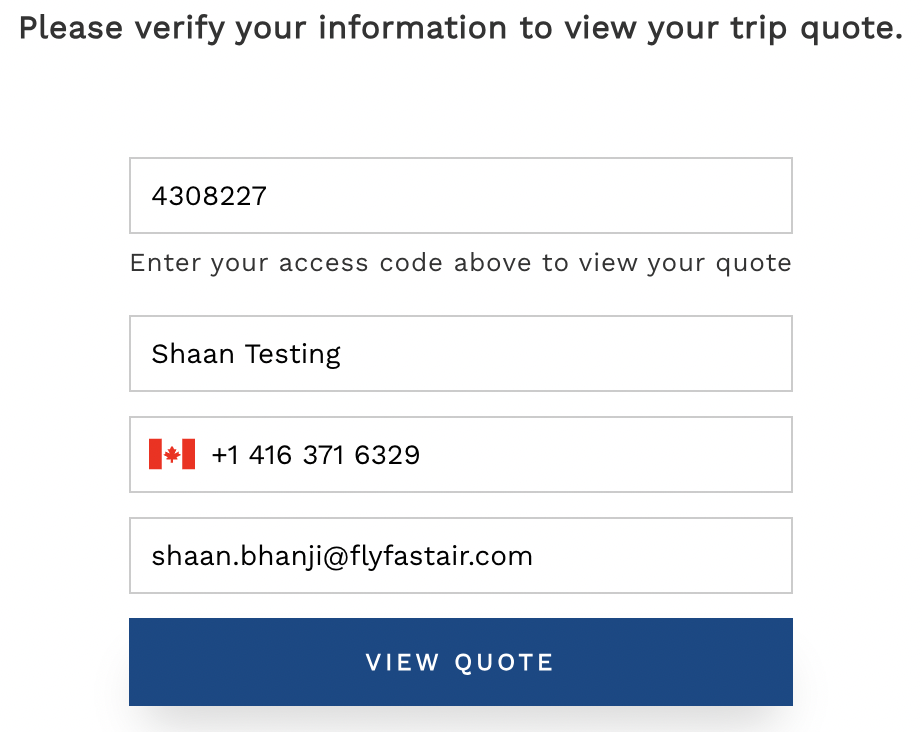 Access code verification screen asking a client to confirm their contact details before viewing a quote.