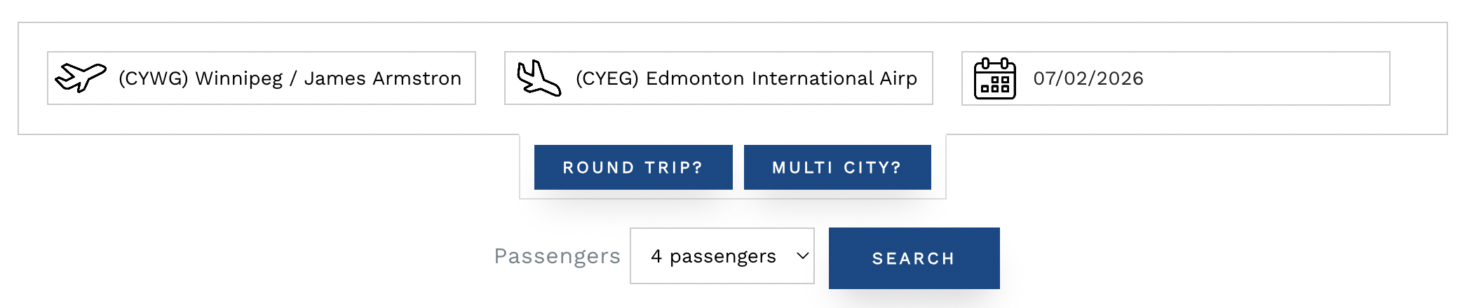 Trip search form with origin, destination, date, and passenger count fields.